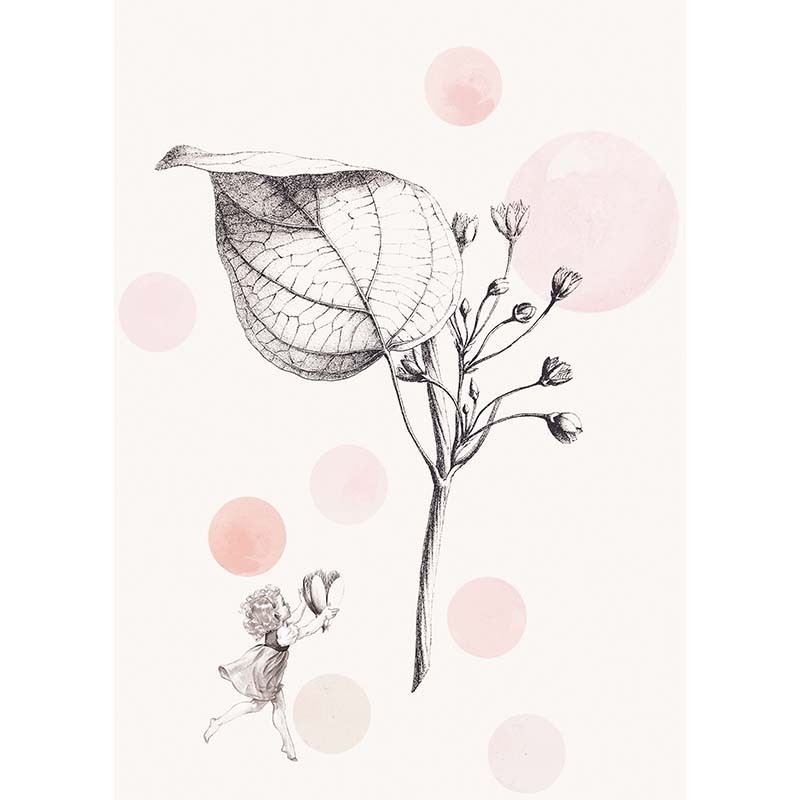 Mural Decorativo Dreams con hoja, flores y niña en rosa, negro y blanco